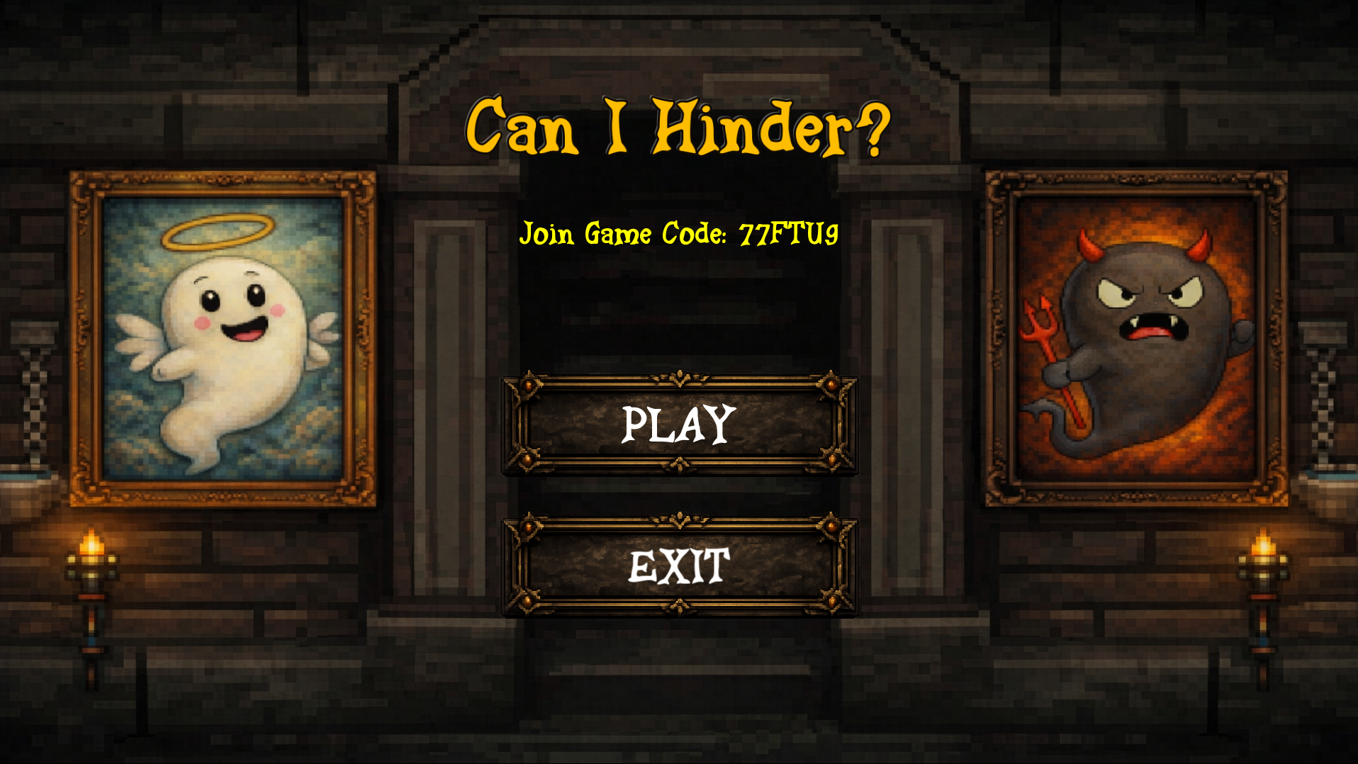 Can I Hinder game start screen with framed ghost characters and play and exit buttons.
